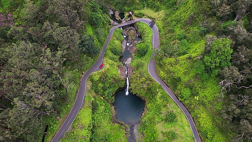 Aerial view of a Waterfall on the way to Hana, Maui.