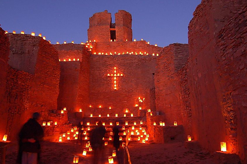 San José de los Jémez Mission with farolitos (little lanterns) at Christmas.