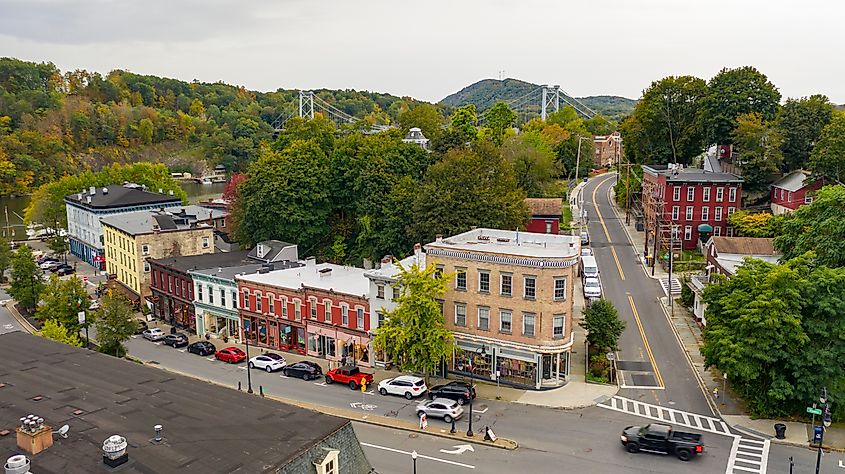 Rondout Creek flows past under bridges on the waterfront in South Kingston, New York, USA.