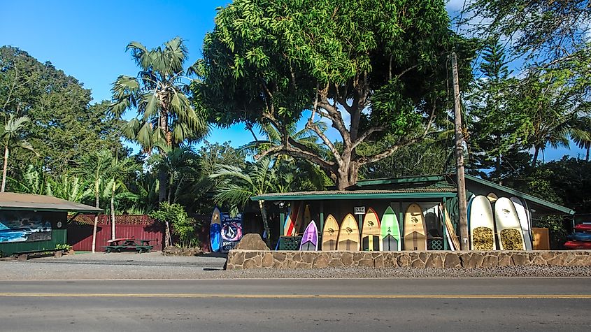 Scenic view of Haleiwa Town on the North Shore of Oahu during sunset.