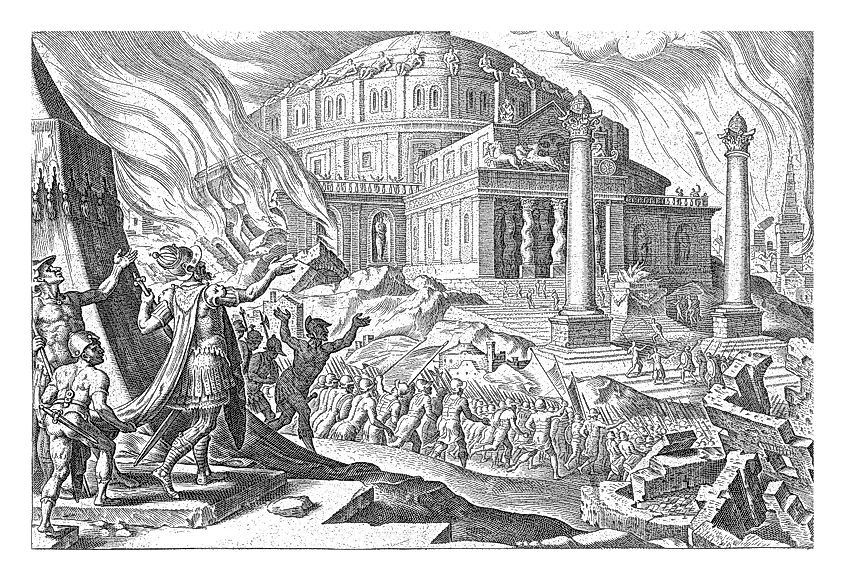 The Temple of Jerusalem on fire as Titus enters the city