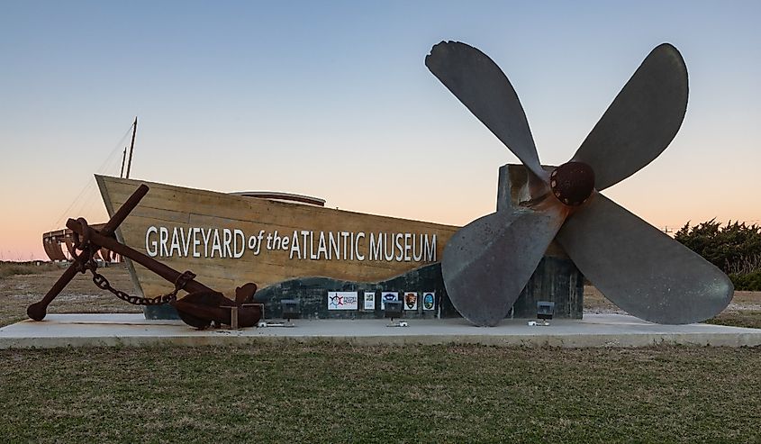 Sign for the Graveyard of the Atlantic, a landmark maritime museum focusing on history and shipwrecks of the Outer Banks of North Carolina.