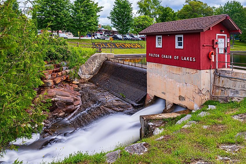 OLD FORGE, US - Jun 30, 2022: A beautiful shot of the Old Forge dam and spillway in the Adirondacks