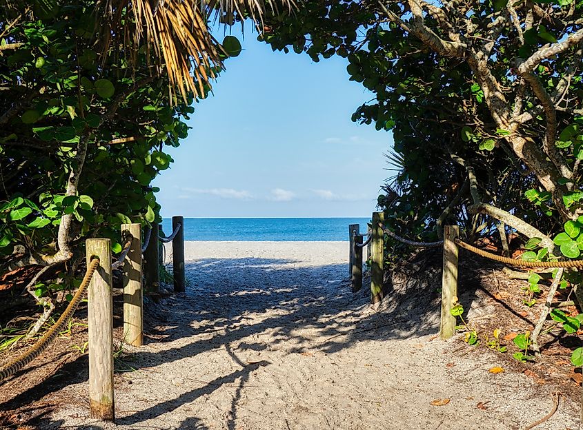 Entrance walkway to Blind Pass Beach on Manasota Key on the Gulf of Mexico in Englewood, Florida.