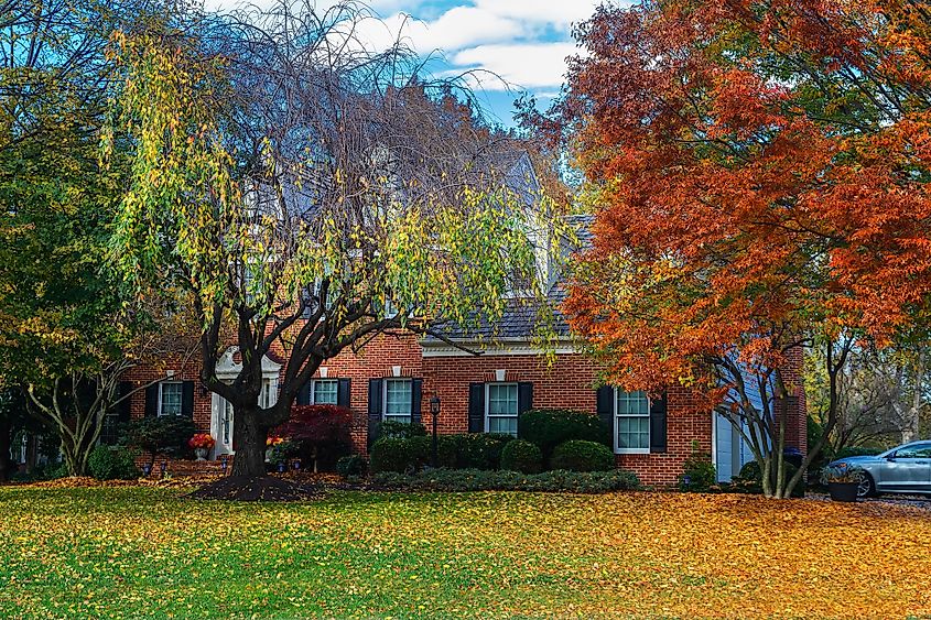 Large suburban brick house in Leesburg, Virginia, surrounded by vibrant autumn trees.