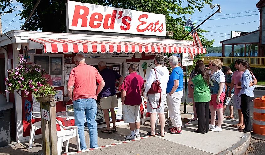 People lineup for lunch at World famous "Reds Eats"" on Wiscasset, Maine.