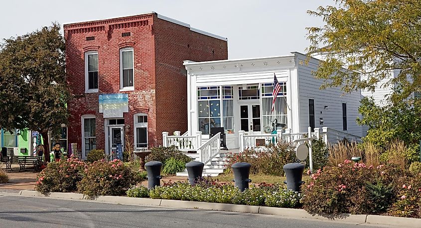 Shops on Main Street in the island town of Chincoteague, Virginia.