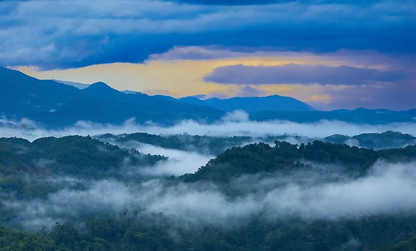 Early morning fog over Gatlinburg and the Smoky Mountains of Tennessee