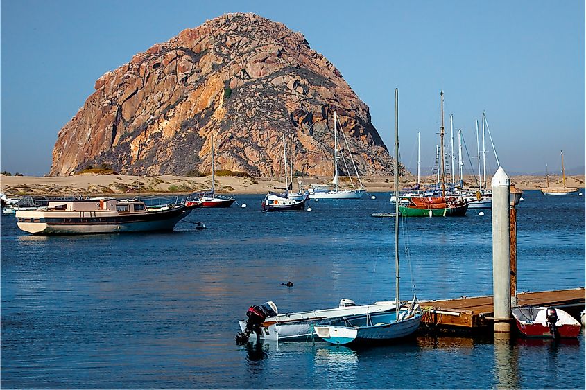 View of Morro Rock along the coast of Morro Bay, California.