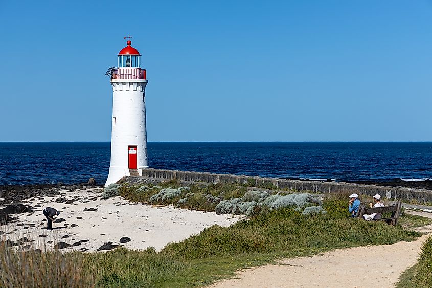 The Griffiths Island Lighthouse in Port Fairy, Victoria, Australia.