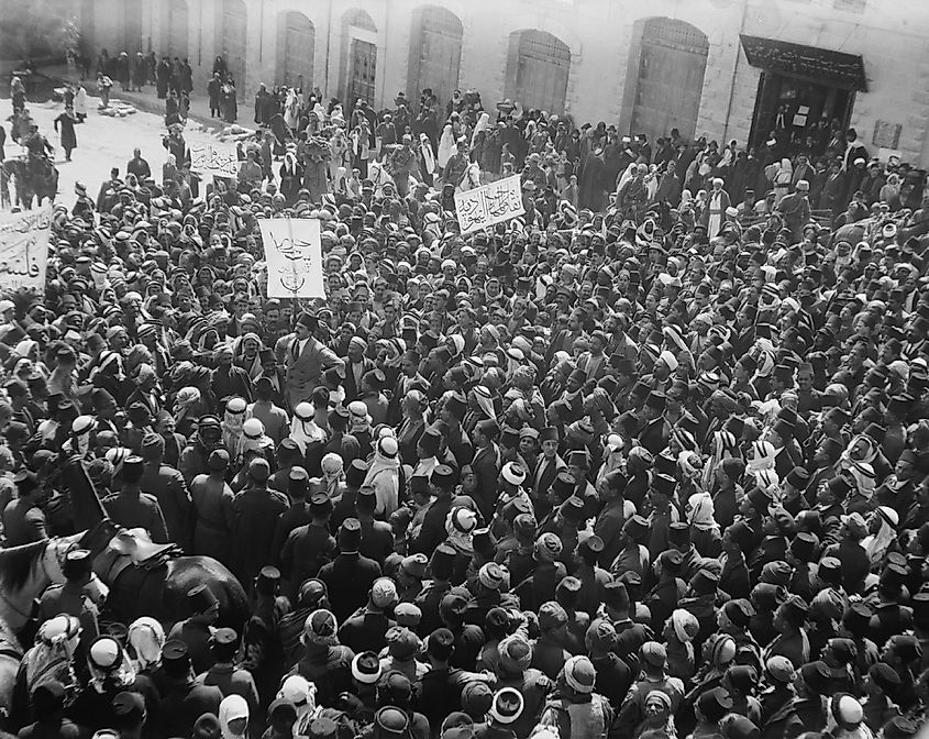 Arab demonstration at Damascus Gate, Jerusalem, protesting against the Balfour Declaration, March 8, 1920.