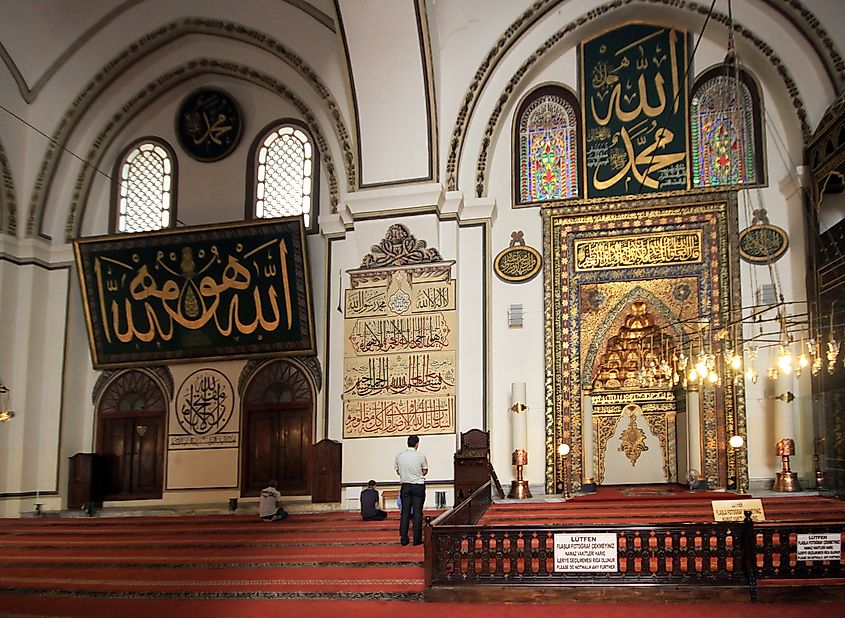 Interior of the Bursa Grand Mosque in Bursa city, Turkey. It was commissioned by Ottoman Sultan Bayezid I.