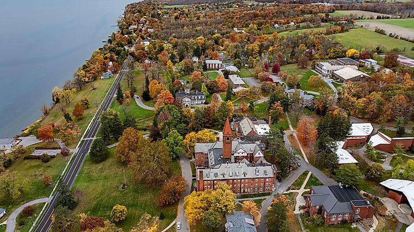Aerial photo of the fall foliage surrounding the Village of Aurora, Cayuga County, New York State, October 2024.
