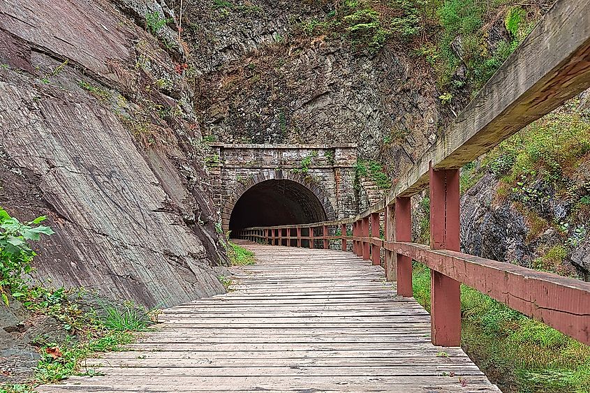 Boardwalk trail leading to Paw Paw Tunnel along the C&O Canal towpath near Oldtown, Maryland