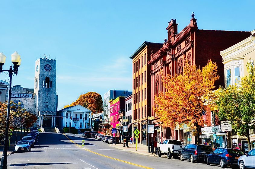 Downtown street view and buildings in Geneva, New York