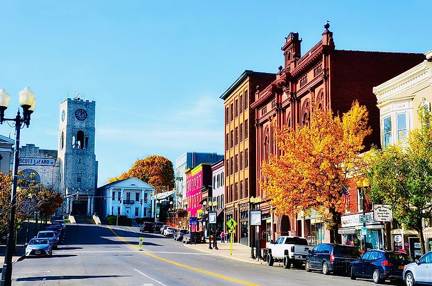 Downtown street view and buildings in Geneva, New York, situated at the northern end of Seneca Lake.