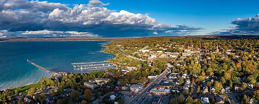 Aerial view of Petoskey, Northern Michigan, during an autumn evening.