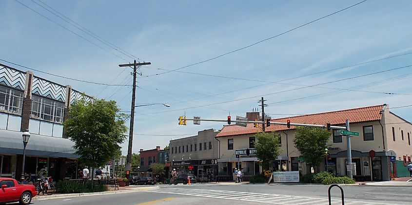 Businesses in the downtown area of Takoma Park, Maryland.