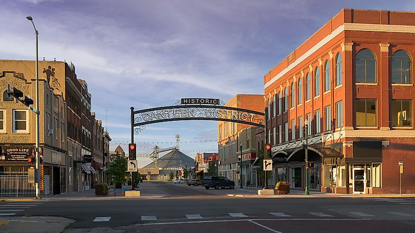 Historic Canteen District viewed from N Dewey Street and E 4th Street in downtown North Platte, Nebraska.