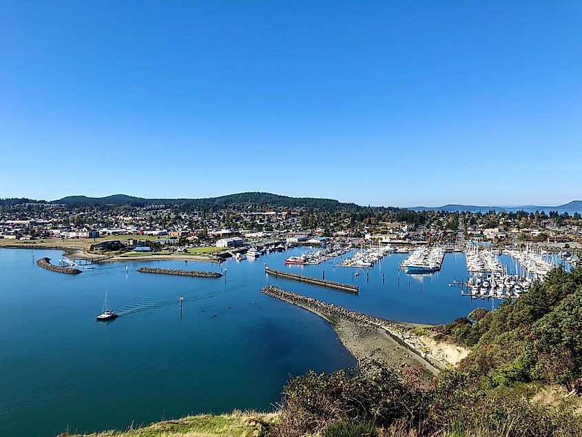 Overlooking boats in the harbor in Anacortes, Washington.