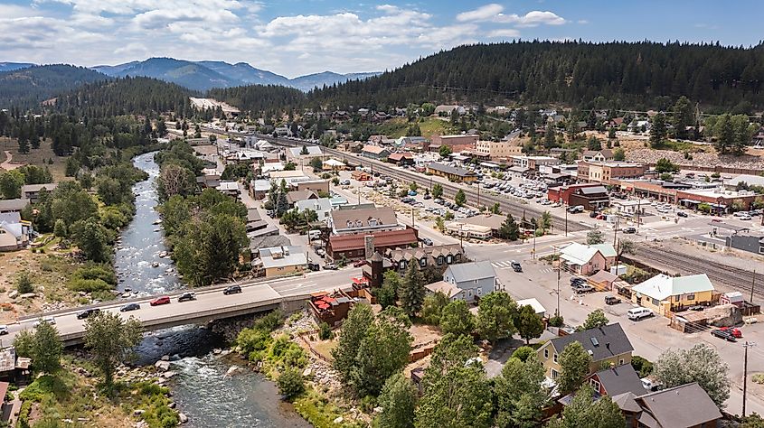 Afternoon sun illuminates the historic gold rush era architecture of downtown Truckee, California, USA.