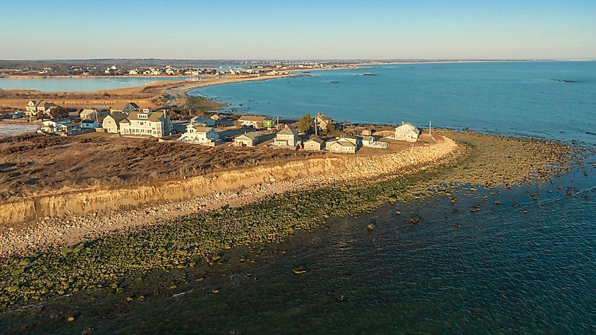 Aerial view of coastal homes in Little Compton, Rhode Island