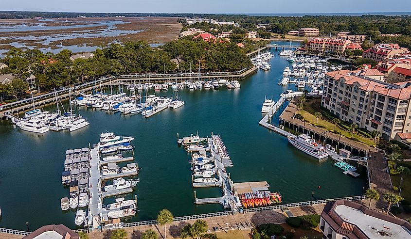 Aerial view of Hilton Head Island with buildings and ocean