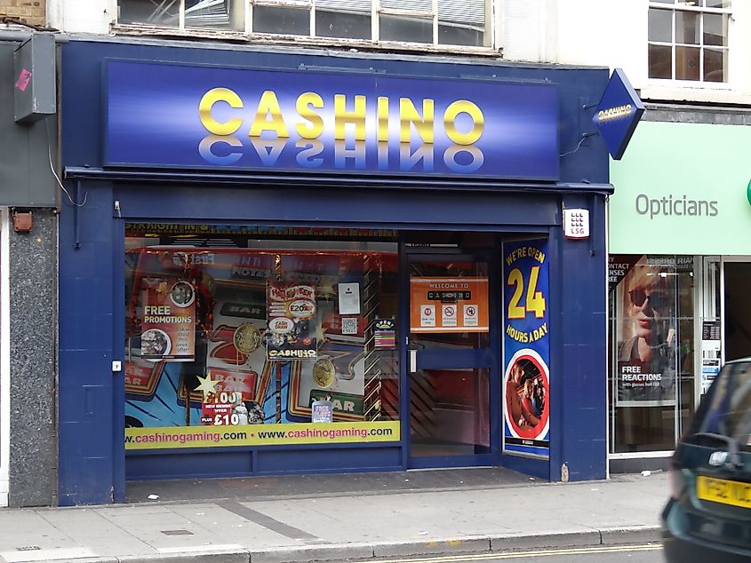 A "Cashino" storefront in London where lottery and betting occur. Source: Wikimedia/Randomly London