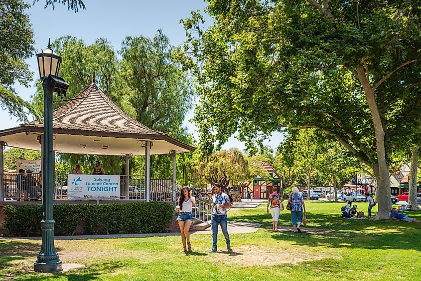 People walking around Solvang Park in the town of Solvang, California