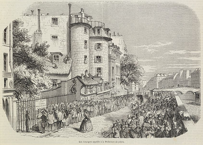 This print illustrates a 1850 law requiring foreigners to obtain a residence permit to stay in Paris. Image by an unknown author via Wikimedia Commons, Public Domain.