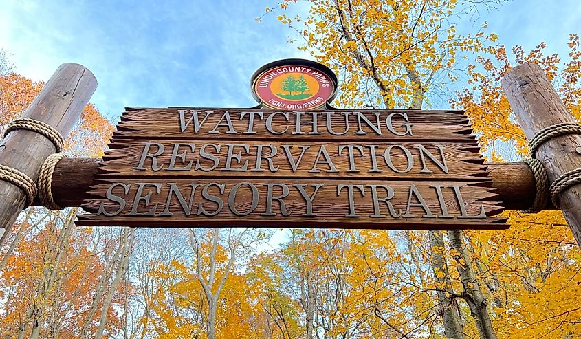 Sign for nature trail in the reservation, near Mountainside, New Jersey.