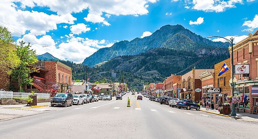 Ouray, Colorado: Small town ski resort mountain village city in Colorado, main street and San Juan mountains