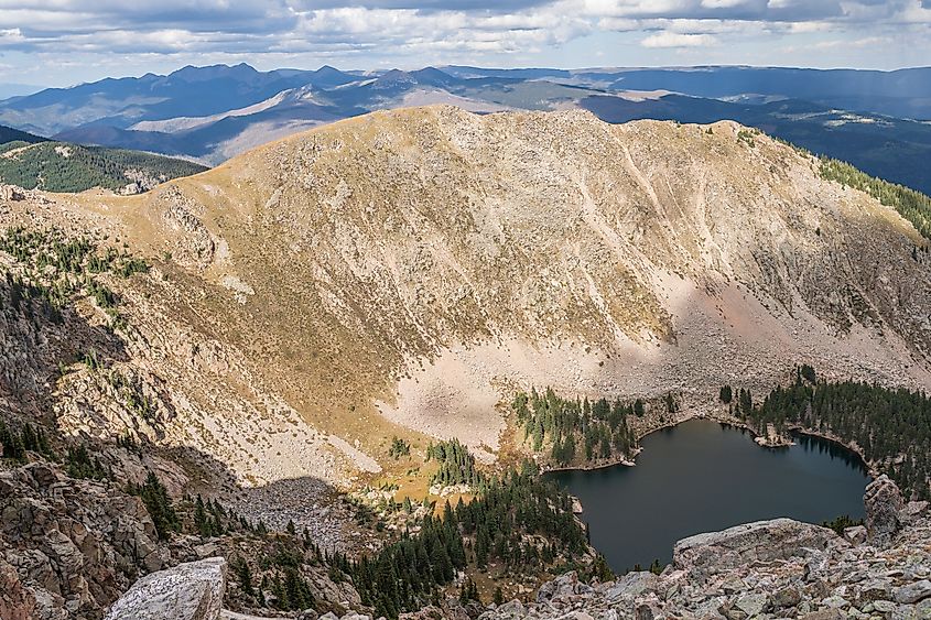 Looking down on Lake Katherine from near the peak of Santa Fe Baldy.