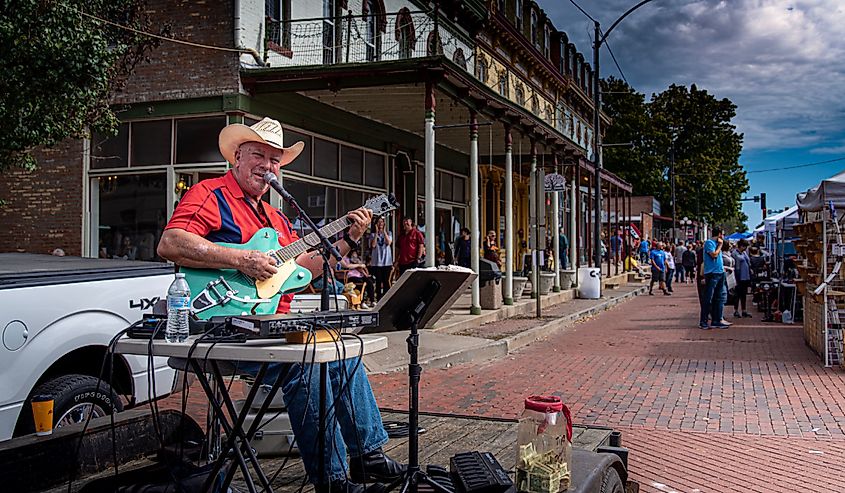 Singer on downtown street in Lebanon, Illinois.