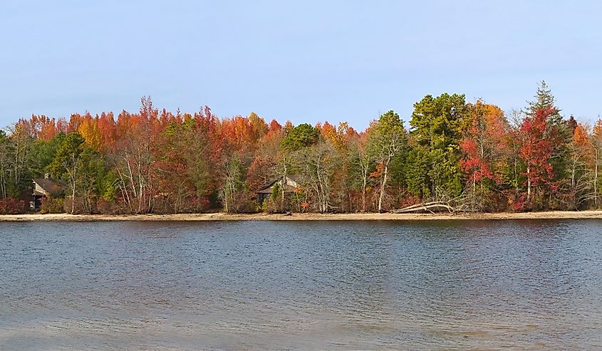 A wide panorama Autumn scene on Atsion Lake in the Pine Barrens of New Jersey