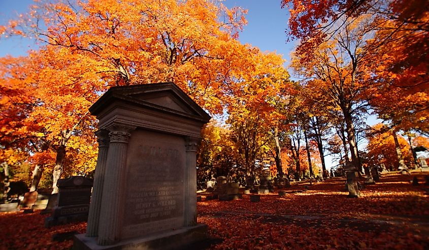 Missouri cemetery under fall foliage.