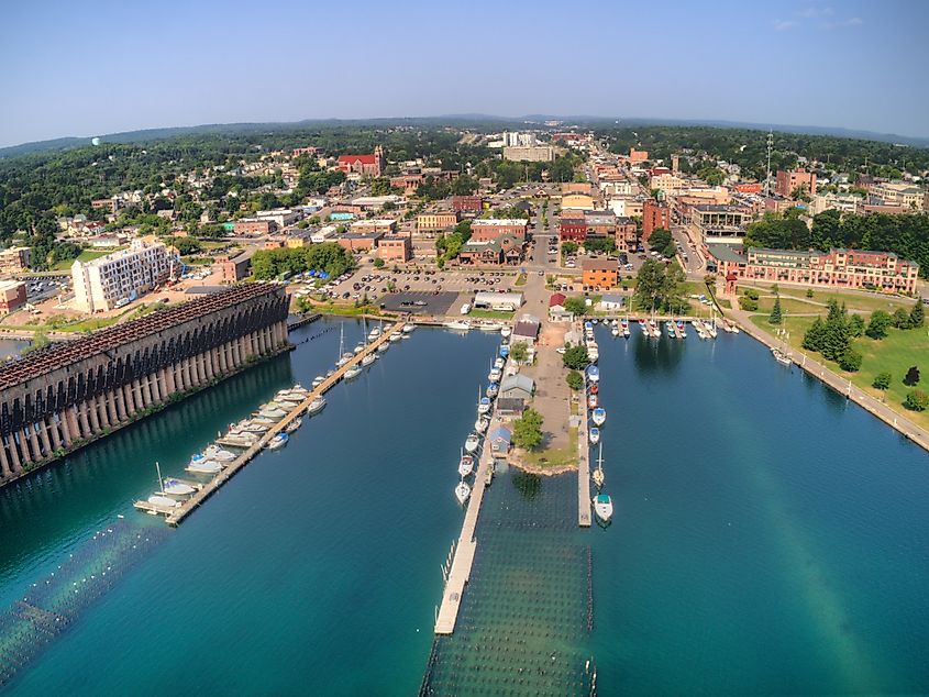 Aerial view of the shoreline of Lake Superior and Marquette, Michigan.