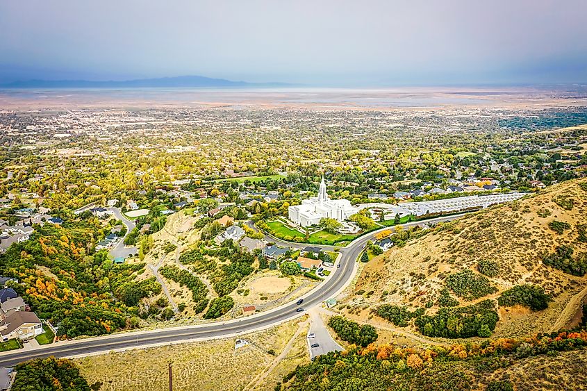 Aerial drone photo of Church of Jesus Christ of Latter-day Saints Bountiful, Utah.