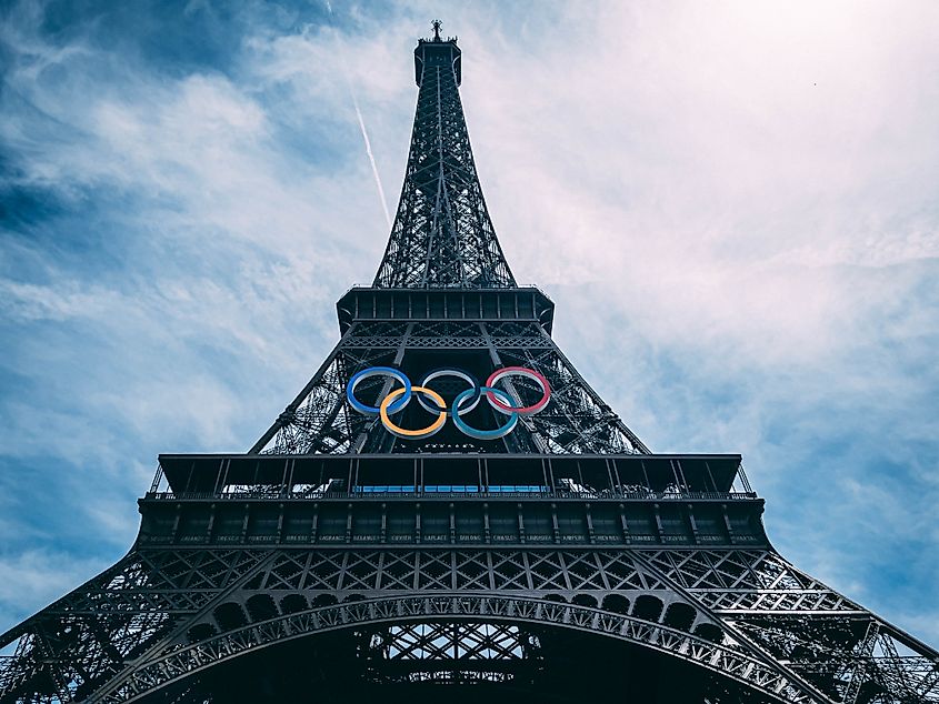 The Olympic rings installed on the Eifel Tower before the 2024 Paris Games. Image credit Hethers via Shutterstock.