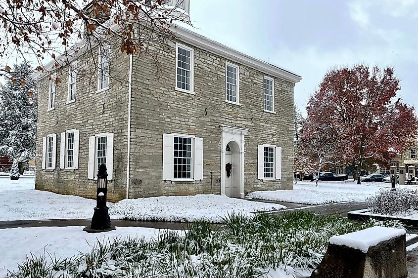 Corydon, Indiana United States, historic building covered in a layer of snow