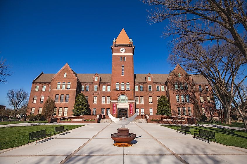 The Memorial Hall Building at Cumberland University in Lebanon, Tennessee, on a sunny day with a clear blue sky.