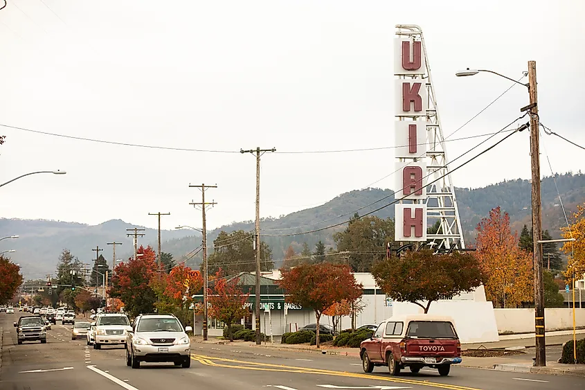 Ukiah, California: Cloudy autumn light shines on the historic Ukiah theater sign.