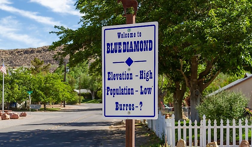 Funny sign welcoming visitors to the small town of Blue Diamond, Nevada.