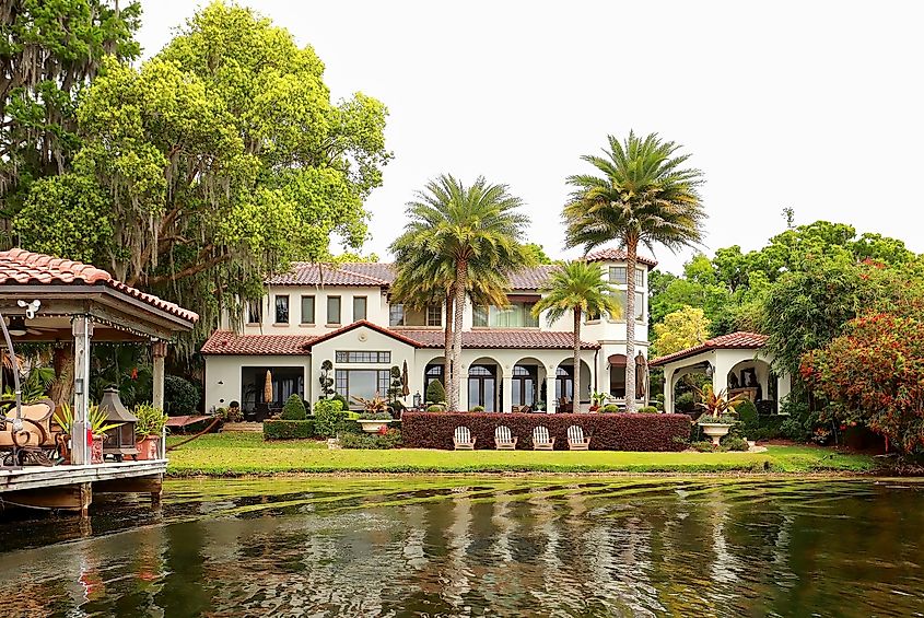 Beautiful home and boathouse in the Chain of Lakes in Winter Park, Florida.