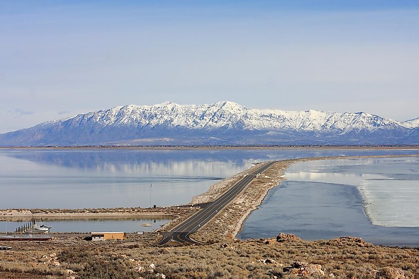 Causeway to Antelope Island, Utah.