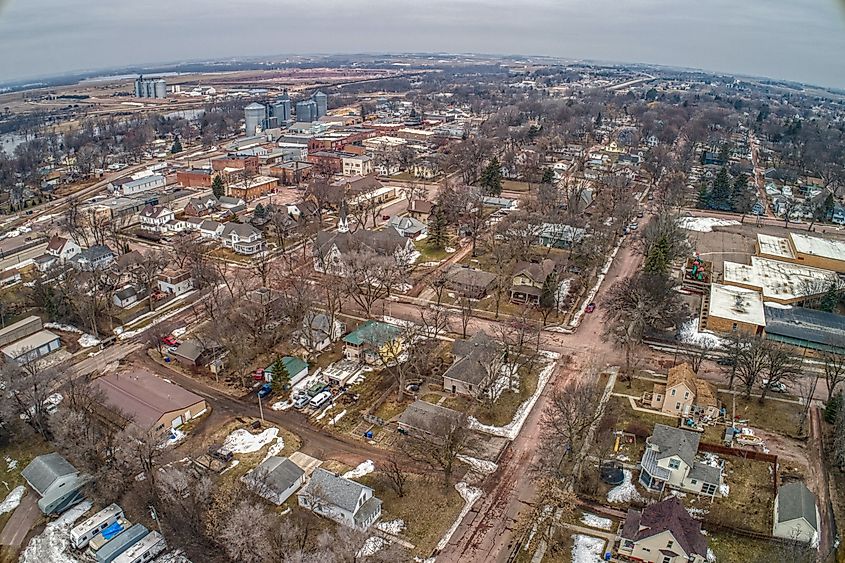 Aerial view of Dell Rapids, South Dakota, in winter