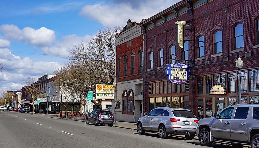 Centralia, Washington: North Tower Street with the 1908 Olympic Club Hotel and other historic buildings.