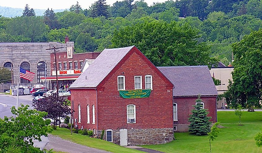 The famous red-brick Ticonderoga Heritage Museum sits in contrast to the rolling green hills and rain-slick roads.