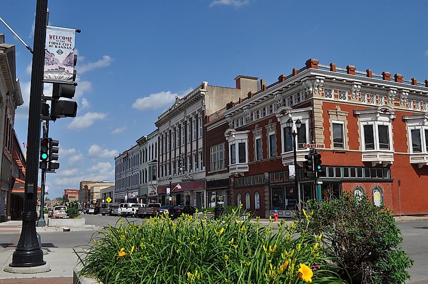 Historic buildings along downtown Leavenworth, Kansas.