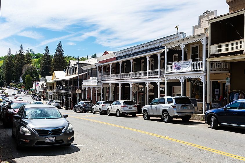 Busy day on Main Street, Old Route 49, in historic downtown Sutter Creek - Sutter Creek, California